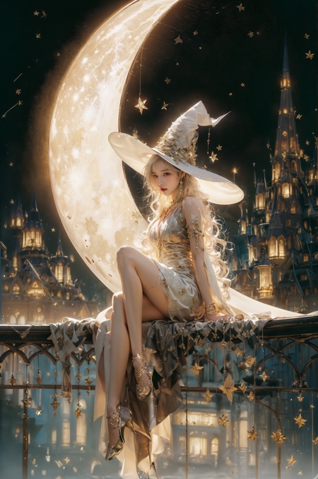 606247209521968337-2833894919-Moon Witch，1girl，witch hat，blonde hair，Witch gown，jewelry，high heels，cleavage，earrings，bracelet，bare shoulders，white thighhighs，.jpg